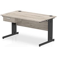 Impulse 1400mm Rectangular Desk with attached Pedestal, Black Cable Managed Leg, Grey Oak