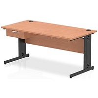 Impulse 1600mm Rectangular Desk with attached Pedestal, Black Cable Managed Leg, Beech