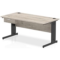 Impulse 1600mm Rectangular Desk with attached Pedestal, Black Cable Managed Leg, Grey Oak