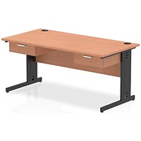 Impulse 1600mm Rectangular Desk with 2 attached Pedestals, Black Cable Managed Leg, Beech