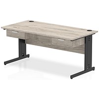 Impulse 1600mm Rectangular Desk with 2 attached Pedestals, Black Cable Managed Leg, Grey Oak