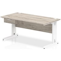 Impulse 1600mm Rectangular Desk with attached Pedestal, White Cable Managed Leg, Grey Oak