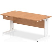 Impulse 1600mm Rectangular Desk with attached Pedestal, White Cable Managed Leg, Oak