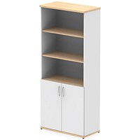 Impulse Two-Tone Extra Tall Open Shelves Cupboard, 3 Shelves, 2000mm High, Maple and White with White Doors