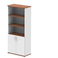 Impulse Two-Tone Extra Tall Open Shelves Cupboard, 3 Shelves, 2000mm High, Walnut and White with White Doors