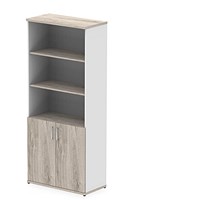 Impulse Two-Tone Extra Tall Open Shelves Cupboard, 3 Shelves, 2000mm High, Grey Oak and White with Grey Oak Doors