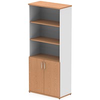 Impulse Two-Tone Extra Tall Open Shelves Cupboard, 3 Shelves, 2000mm High, Oak and White with Oak Doors