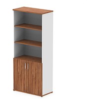 Impulse Two-Tone Extra Tall Open Shelves Cupboard, 3 Shelves, 2000mm High, Walnut and White with Walnut Doors