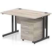 Impulse 1200mm Rectangular Desk, Black Cantilever Leg, Grey Oak, With 2 Drawer Mobile Pedestal