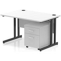 Impulse 1200mm Rectangular Desk, Black Cantilever Leg, White, With 2 Drawer Mobile Pedestal