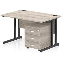 Impulse 1200mm Rectangular Desk, Black Cantilever Leg, Grey Oak, With 3 Drawer Mobile Pedestal