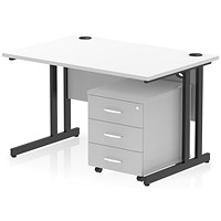 Impulse 1200mm Rectangular Desk, Black Cantilever Leg, White, With 3 Drawer Mobile Pedestal