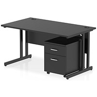 Impulse 1400mm Rectangular Desk, Black Cantilever Leg, Black, With 2 Drawer Mobile Pedestal