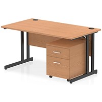 Impulse 1400mm Rectangular Desk, Black Cantilever Leg, Oak, With 2 Drawer Mobile Pedestal