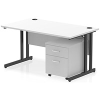 Impulse 1400mm Rectangular Desk, Black Cantilever Leg, White, With 2 Drawer Mobile Pedestal