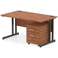 Impulse 1400mm Rectangular Desk, Black Cantilever Leg, Walnut, With 2 Drawer Mobile Pedestal