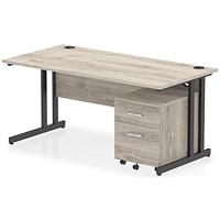 Impulse 1600mm Rectangular Desk, Black Cantilever Leg, Grey Oak, With 2 Drawer Mobile Pedestal