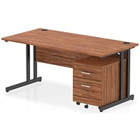 Impulse 1600mm Rectangular Desk, Black Cantilever Leg, Walnut, With 2 Drawer Mobile Pedestal