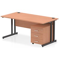 Impulse 1600mm Rectangular Desk, Black Cantilever Leg, Beech, With 3 Drawer Mobile Pedestal