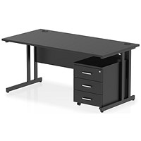 Impulse 1600mm Rectangular Desk, Black Cantilever Leg, Black, With 3 Drawer Mobile Pedestal