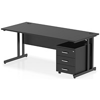 Impulse 1800mm Rectangular Desk, Black Cantilever Leg, Black, With 3 Drawer Mobile Pedestal