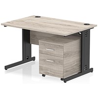 Impulse 1200mm Rectangular Desk, Black Cable Managed Leg, Grey Oak, With 2 Drawer Mobile Pedestal