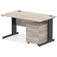 Impulse 1400mm Rectangular Desk, Black Cable Managed Leg, Grey Oak, With 2 Drawer Mobile Pedestal