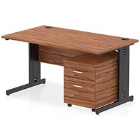 Impulse 1400mm Rectangular Desk, Black Cable Managed Leg, Walnut, With 2 Drawer Mobile Pedestal