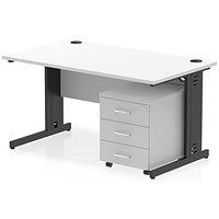 Impulse 1400mm Rectangular Desk, Black Cable Managed Leg, White, With 3 Drawer Mobile Pedestal