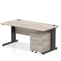 Impulse 1600mm Rectangular Desk, Black Cable Managed Leg, Grey Oak, With 2 Drawer Mobile Pedestal