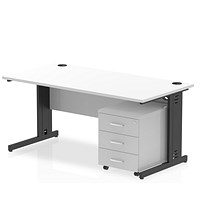 Impulse 1600mm Rectangular Desk, Black Cable Managed Leg, White, With 3 Drawer Mobile Pedestal