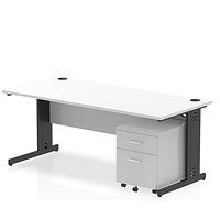 Impulse 1800mm Rectangular Desk, Black Cable Managed Leg, White, With 2 Drawer Mobile Pedestal