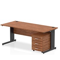 Impulse 1800mm Rectangular Desk, Black Cable Managed Leg, Walnut, With 3 Drawer Mobile Pedestal