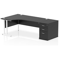 Impulse 1800mm Corner Desk, Left Hand, White Cantilever Leg, Black, With 800mm Deep Desk High Pedestal