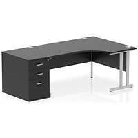 Impulse 1600mm Right Crescent Office Desk Black Top Silver Cantilever Leg Workstation 800 Deep Desk High Pedestal