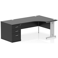 Impulse 1600mm Corner Desk, Right Hand, Silver Cable Managed Leg, Black, With 800mm Deep Desk High Pedestal