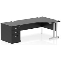 Impulse 1800mm Right Crescent Office Desk Black Top Silver Cantilever Leg Workstation 800 Deep Desk High Pedestal