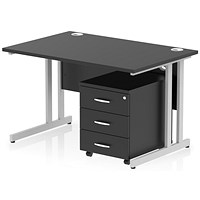 Impulse 1200mm Rectangular Desk, Silver Cantilever Leg, Black, With 3 Drawer Mobile Pedestal