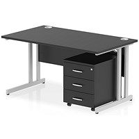 Impulse 1400mm Rectangular Desk, Silver Cantilever Leg, Black, With 3 Drawer Mobile Pedestal