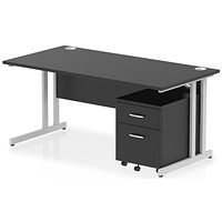 Impulse 1600mm Rectangular Desk, Silver Cantilever Leg, Black, With 2 Drawer Mobile Pedestal