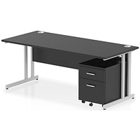 Impulse 1800mm Rectangular Desk, Silver Cantilever Leg, Black, With 2 Drawer Mobile Pedestal