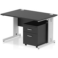 Impulse 1200mm Rectangular Desk, Silver Cable Managed Leg, Black, With 2 Drawer Mobile Pedestal