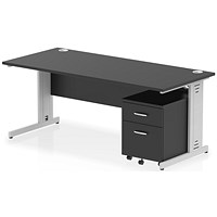 Impulse 1800mm Rectangular Desk, Silver Cable Managed Leg, Black, With 2 Drawer Mobile Pedestal