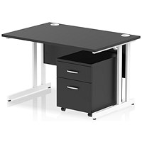 Impulse 1200mm Rectangular Desk, White Cantilever Leg, Black, With 2 Drawer Mobile Pedestal