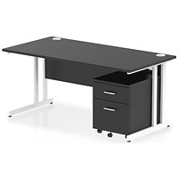 Impulse 1600mm Rectangular Desk, White Cantilever Leg, Black, With 2 Drawer Mobile Pedestal