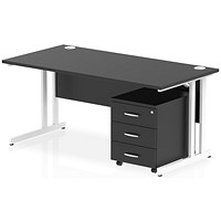 Impulse 1600mm Rectangular Desk, White Cantilever Leg, Black, With 3 Drawer Mobile Pedestal