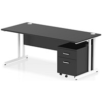 Impulse 1800mm Rectangular Desk, White Cantilever Leg, Black, With 2 Drawer Mobile Pedestal