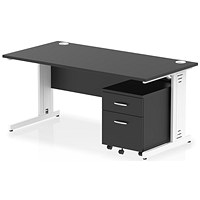 Impulse 1600mm Rectangular Desk, White Cable Managed Leg, Black, With 2 Drawer Mobile Pedestal