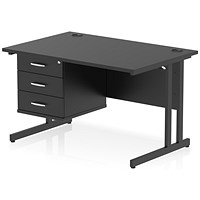 Impulse 1200mm Rectangular Desk, Black Cantilever Leg, Black, With 3 Drawer Fixed Pedestal