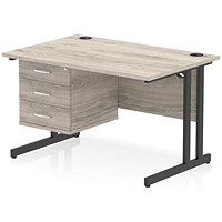 Impulse 1200mm Rectangular Desk, Black Cantilever Leg, Grey Oak, With 3 Drawer Fixed Pedestal